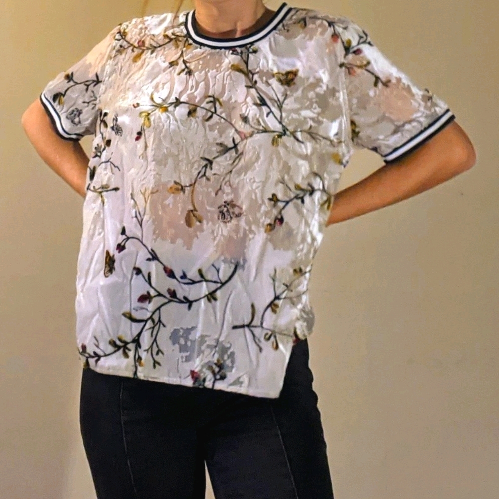 a new day Sheer White Floral Velvet Top